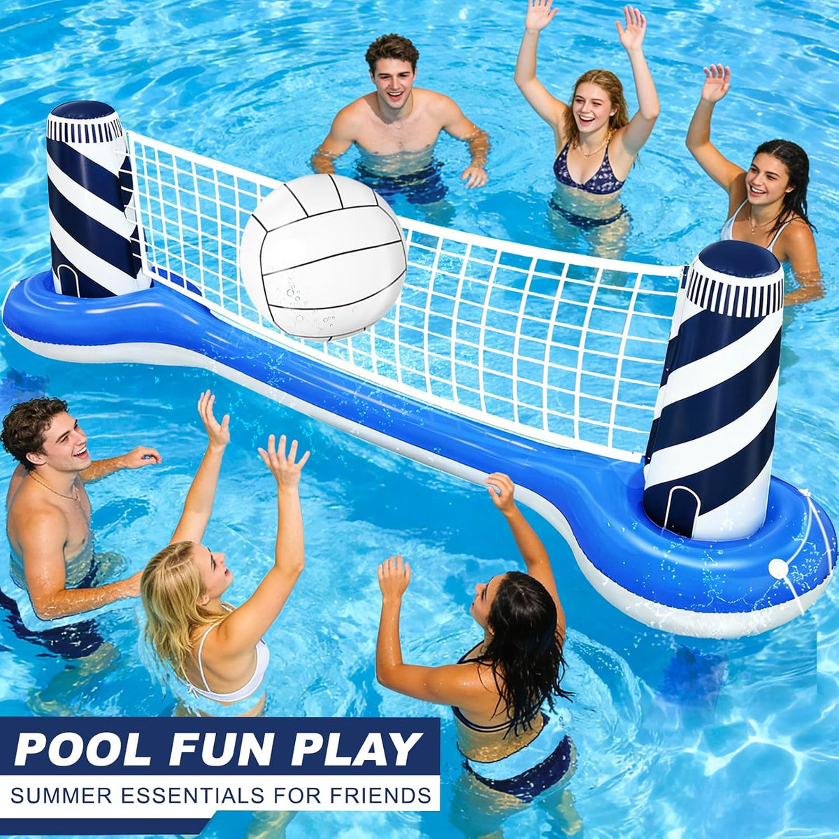 Large Inflatable Pool Games Volleyball Net Pool Float Set | 19" Beach Ball, Lighthouse Design, Floating Swimming