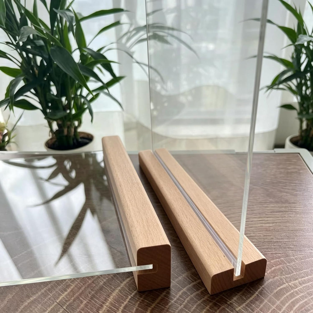 Acrylic Sign Holder 8.5x11 Inch with Solid Wood Base - Thick & Stable Clear Menu Stand for Restaurant, Table, Desk