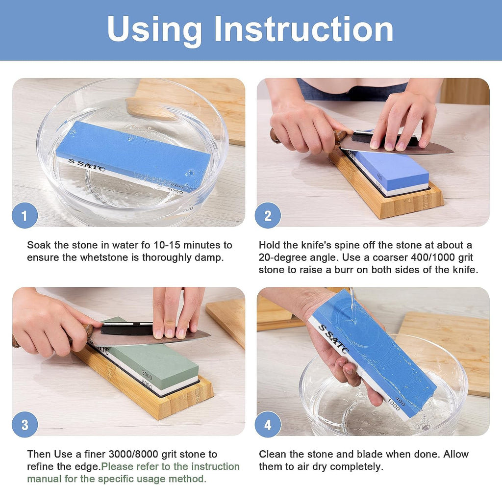 Knife Sharpening Stone Whetstone 4 Side Grit 400/1000 3000/8000 Stone Knife Sharpeners with Nonslip Rubber Bases