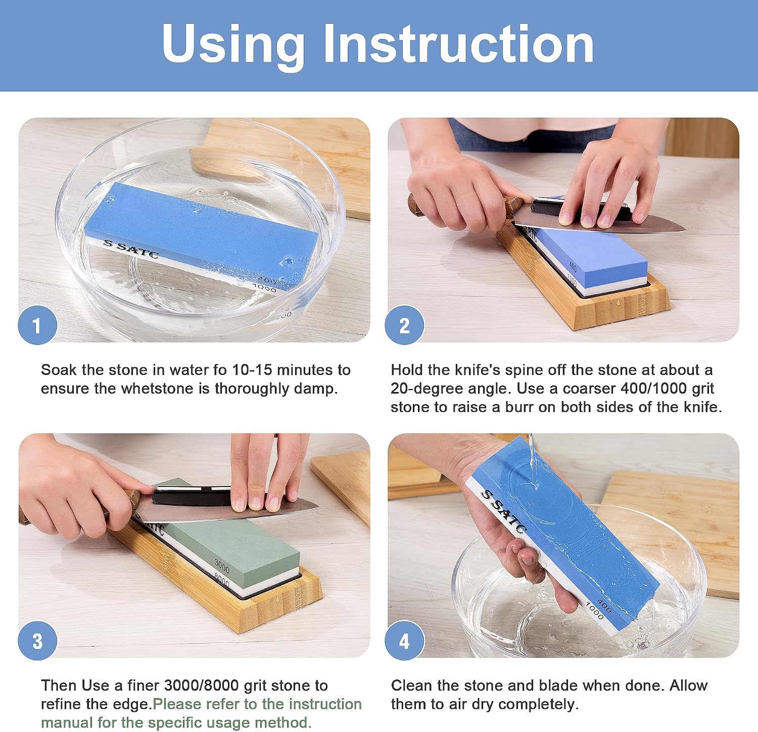 Knife Sharpening Stone Whetstone 4 Side Grit 400/1000 3000/8000 Stone Knife Sharpeners with Nonslip Rubber Bases