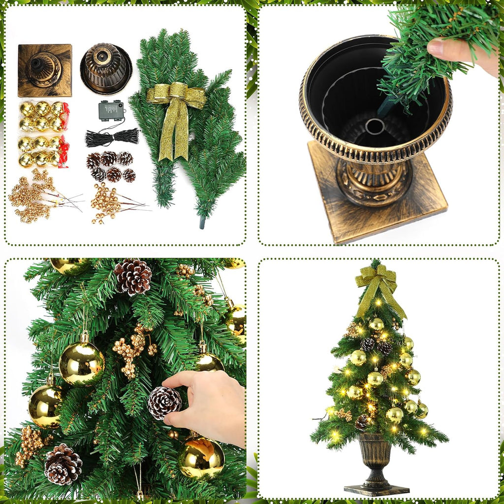 4 Piece Pre Lit Gold Christmas Garland and Wreath Set 3 ft Entrance Trees 17.72" Front Door Christmas Wreath 7.87 ft