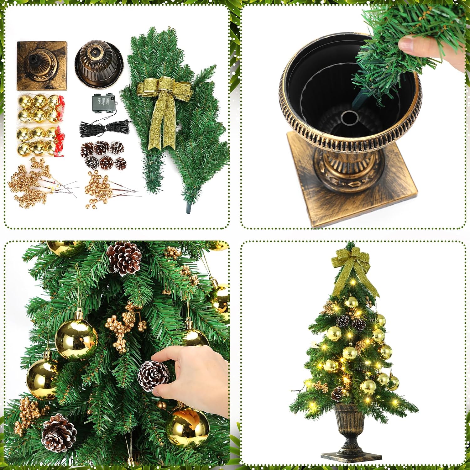 4 Piece Pre Lit Gold Christmas Garland and Wreath Set 3 ft Entrance Trees 17.72" Front Door Christmas Wreath 7.87 ft