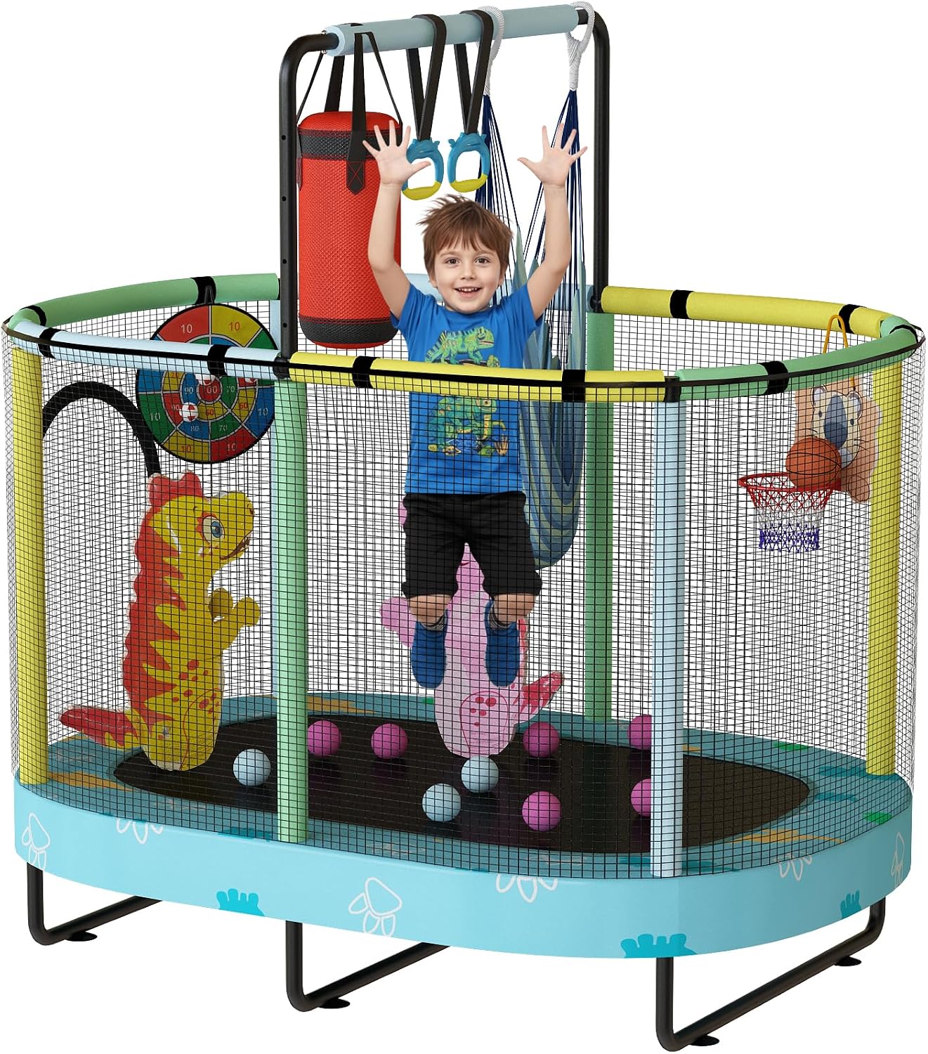 Kids Trampoline, Indoor Trampoline Approved by ASTM, Safety Enclosure Net and Adjustable Handrail, 1-8 Children