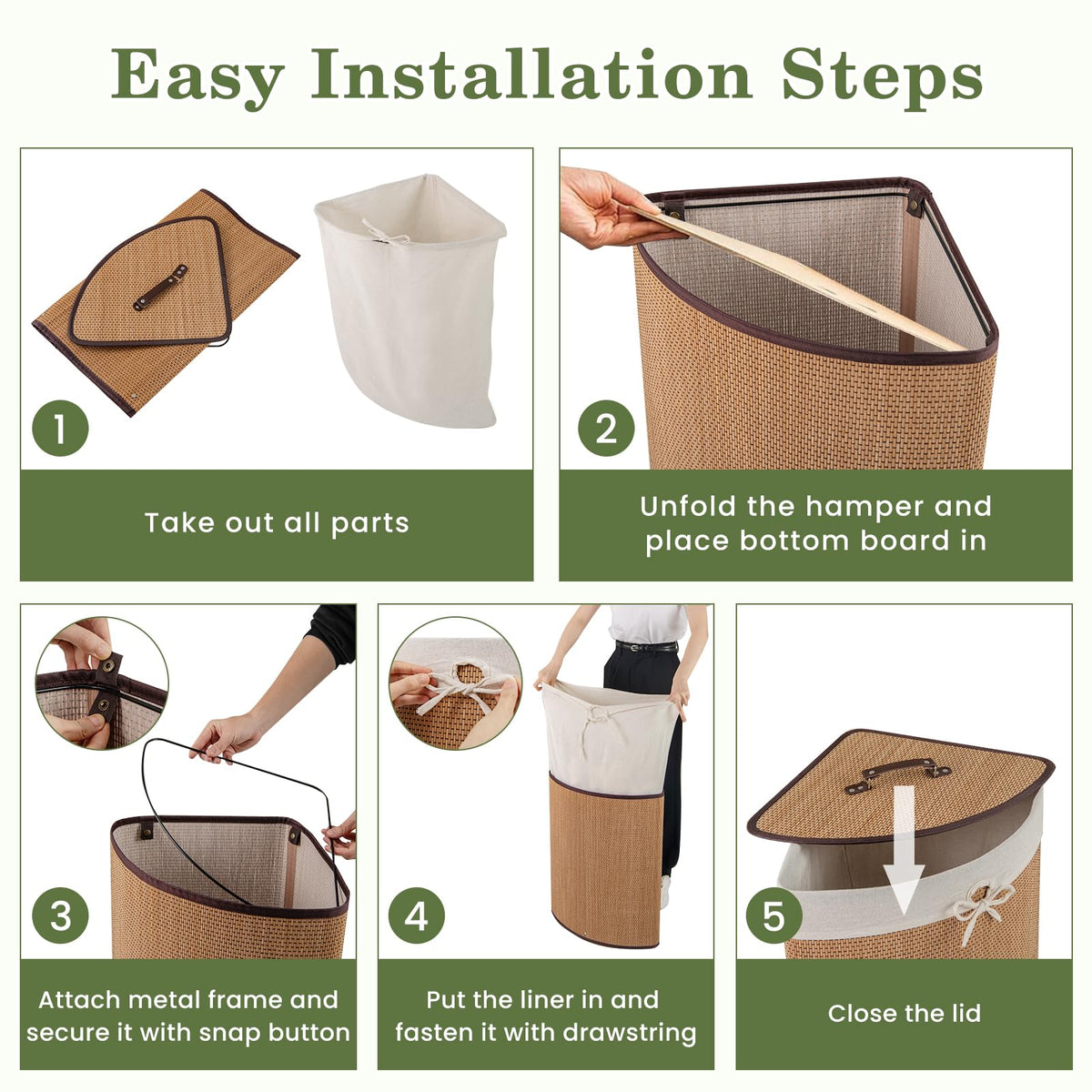 Corner Bamboo Laundry Hamper with Lid and Removable Liner, Bamboo