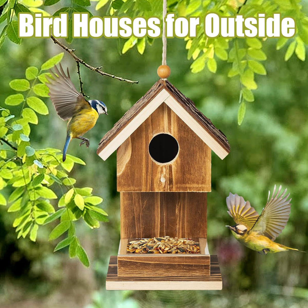 Bird Houses for Outside Hanging Bird House Feeder for Hummingbirds Cardinal Wren Bluebird Wild Birds Small Natural
