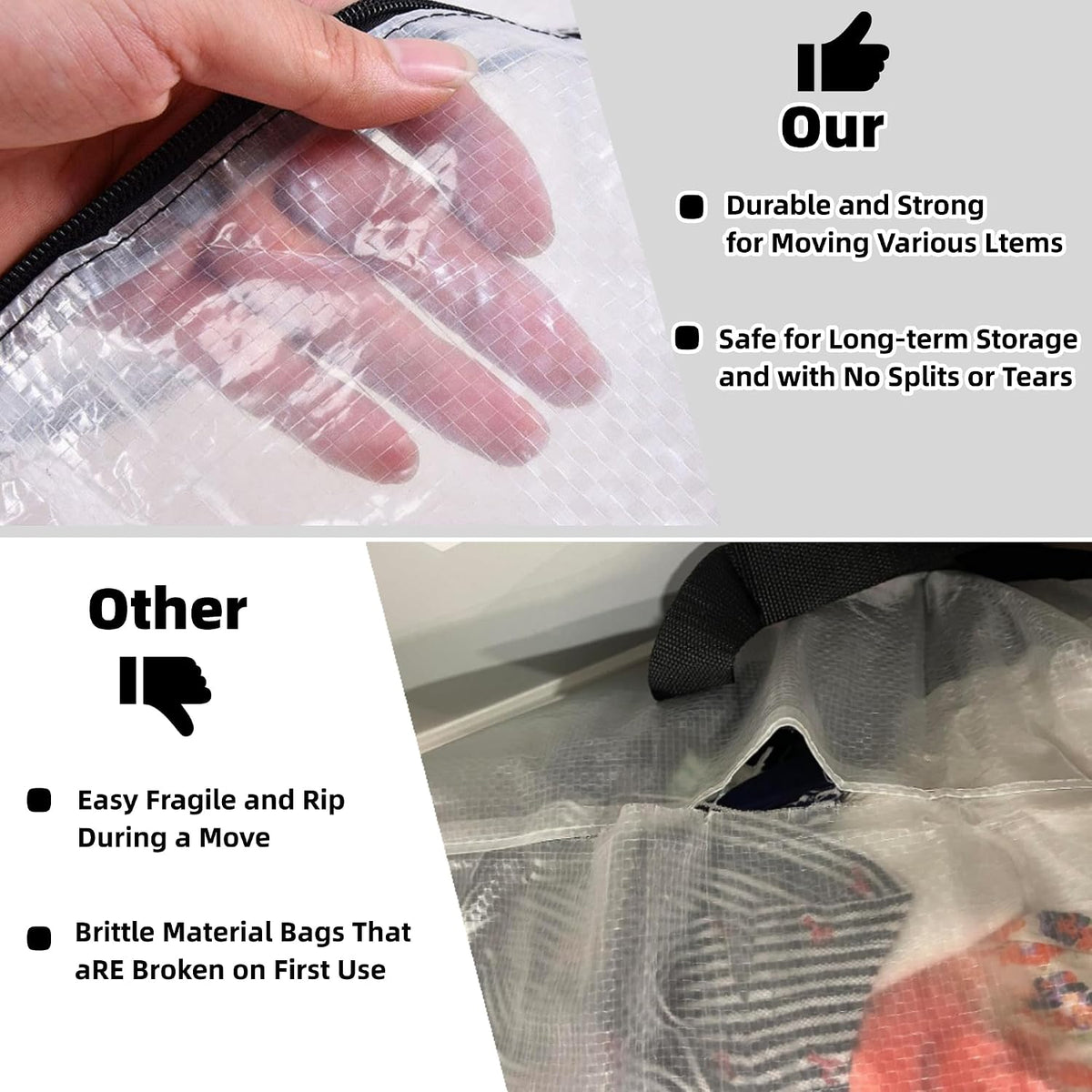 3 Pack Heavy Duty Moving Bags, Extra Large Clear Storage Bags with Zipper and Handles, Moving Boxes & Storage Bins