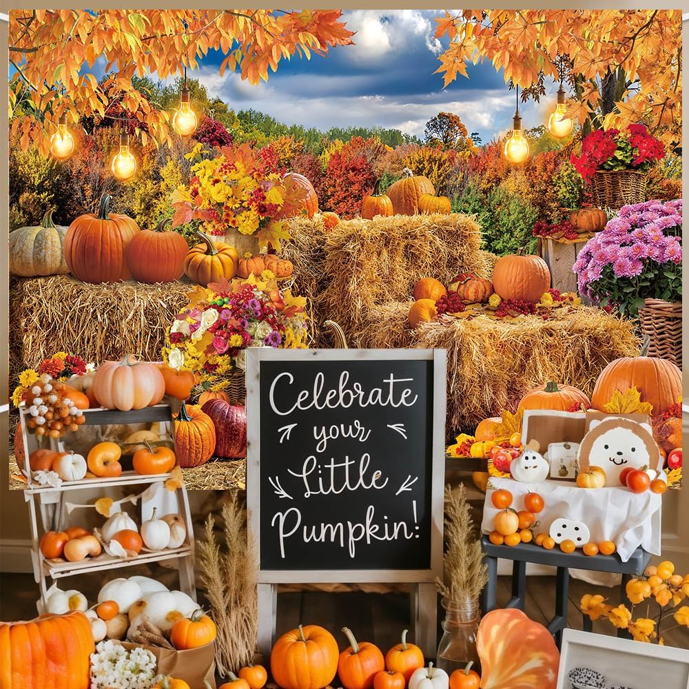 Autumn Harvest Banner Backdrop 7x5FT Fall Farm Pumpkin Hay Bale Photography Background Thanksgiving Maple Leaves