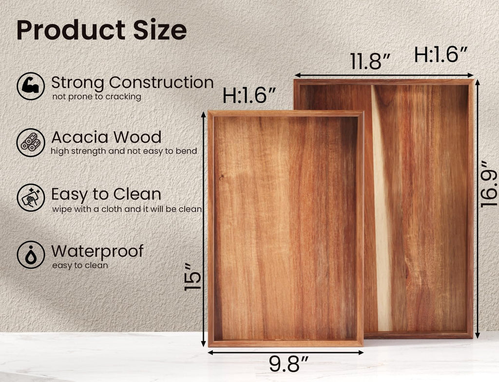 Set of 2 Acacia Wood Serving Tray with Handles