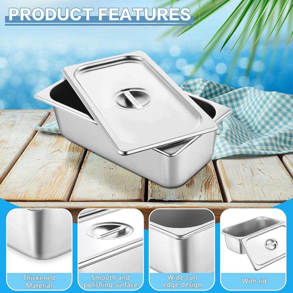 4 Packs Hotel Pans with Lids 1/3 Size x 4 Inch Deep Stainless Steel Steam Table Pan Commercial Gauge Restaurant