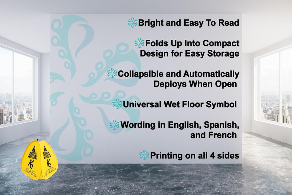 Kraken Sign Co - Pop-up Sign, Yellow 4-Sided Bilingual Trilingual English/Spanish/French Warning, Pop-up Caution Wet
