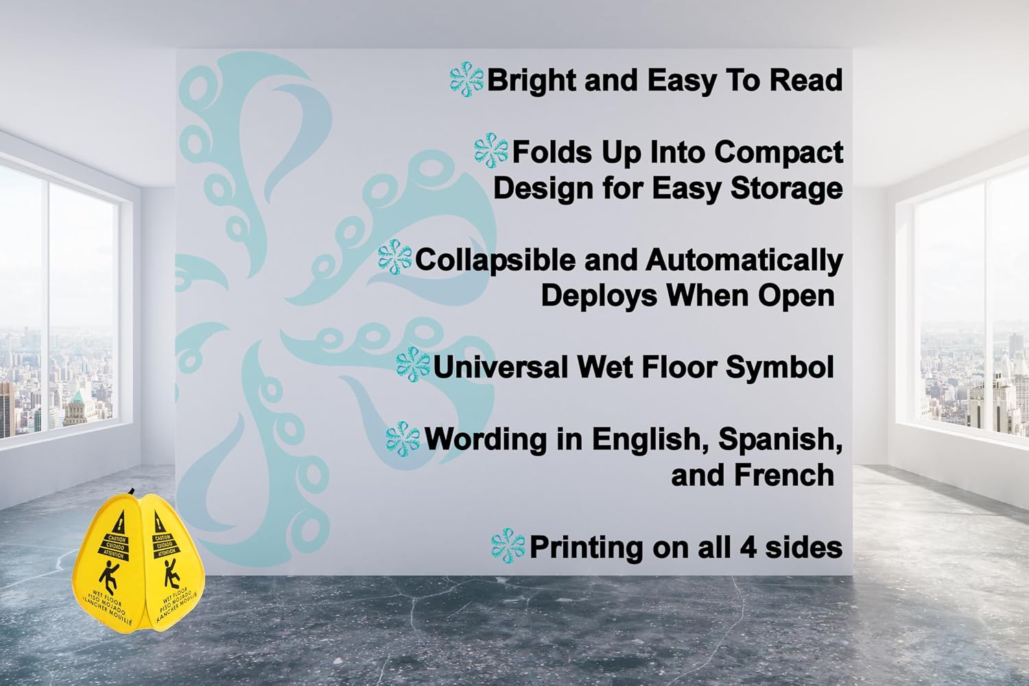 Kraken Sign Co - Pop-up Sign, Yellow 4-Sided Bilingual Trilingual English/Spanish/French Warning, Pop-up Caution Wet