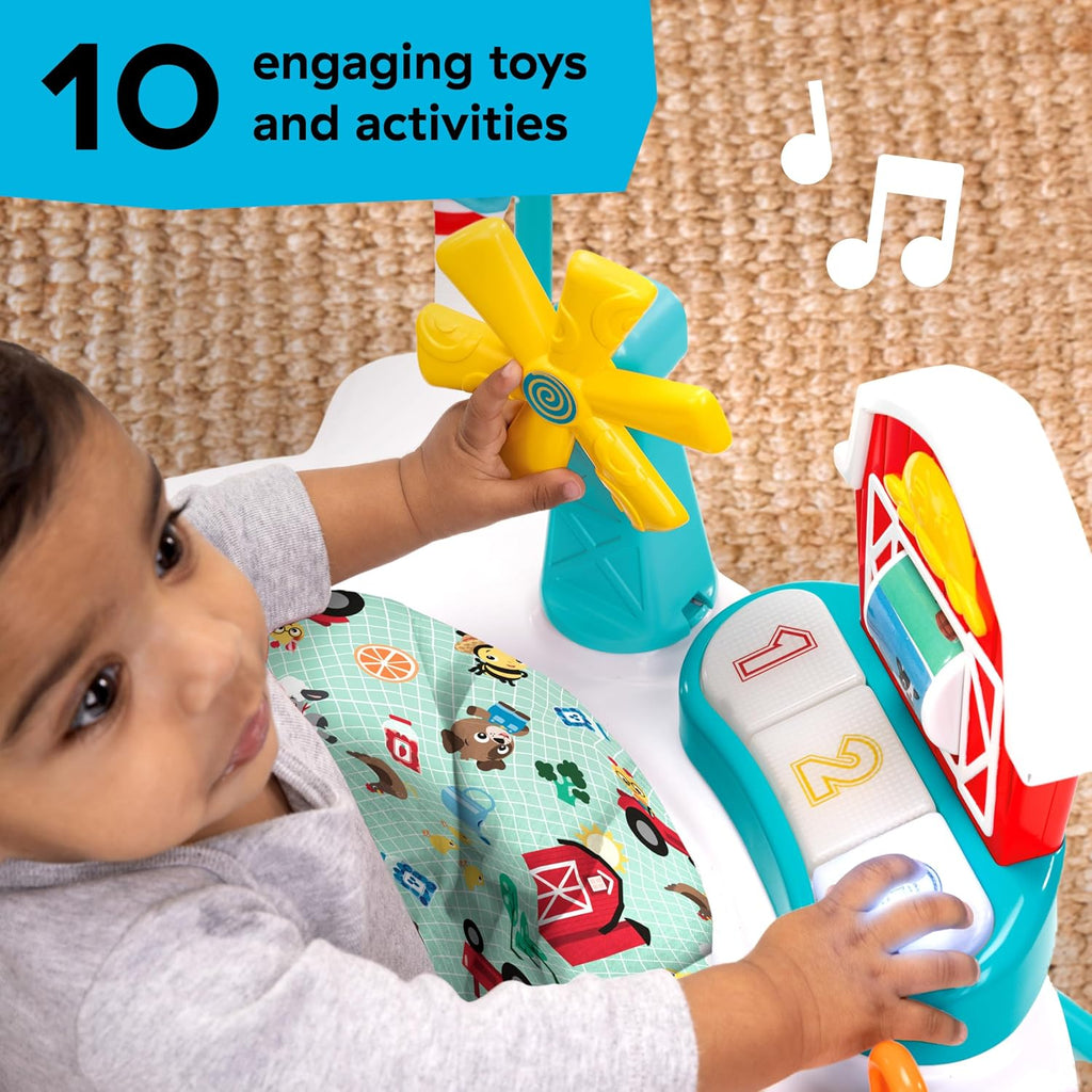 Farm Explorers Jump & Learn Barnyard 2-in-1 Baby Jumper Activity Center with Interactive Toys, Music, Lights, &