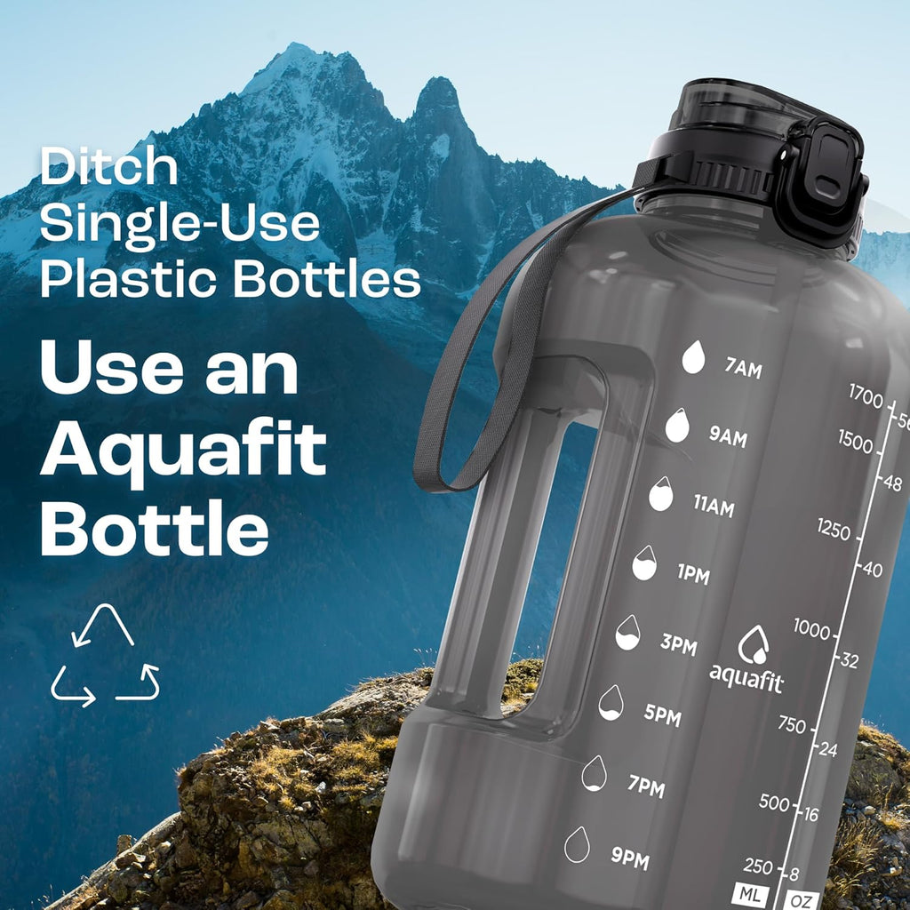 Half Gallon Water Bottle with Time Marker, 2in1 Lid | BPA Free 64 oz Water Jug with 2in1 Straw and Chug Lid