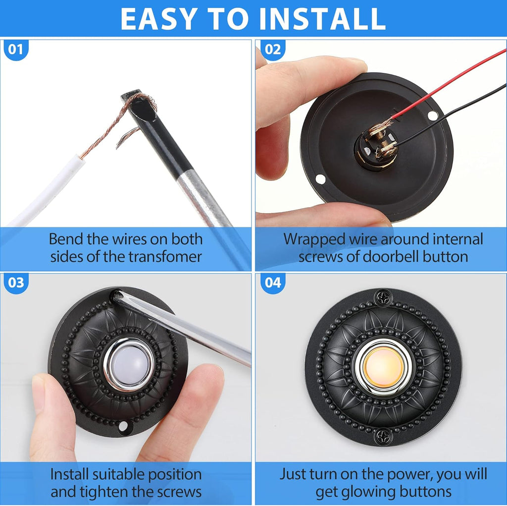 Round Metal Wired Doorbell Push Button, Black, Warm White Light | Lighted Doorbell Button Replacement, Solid Iron