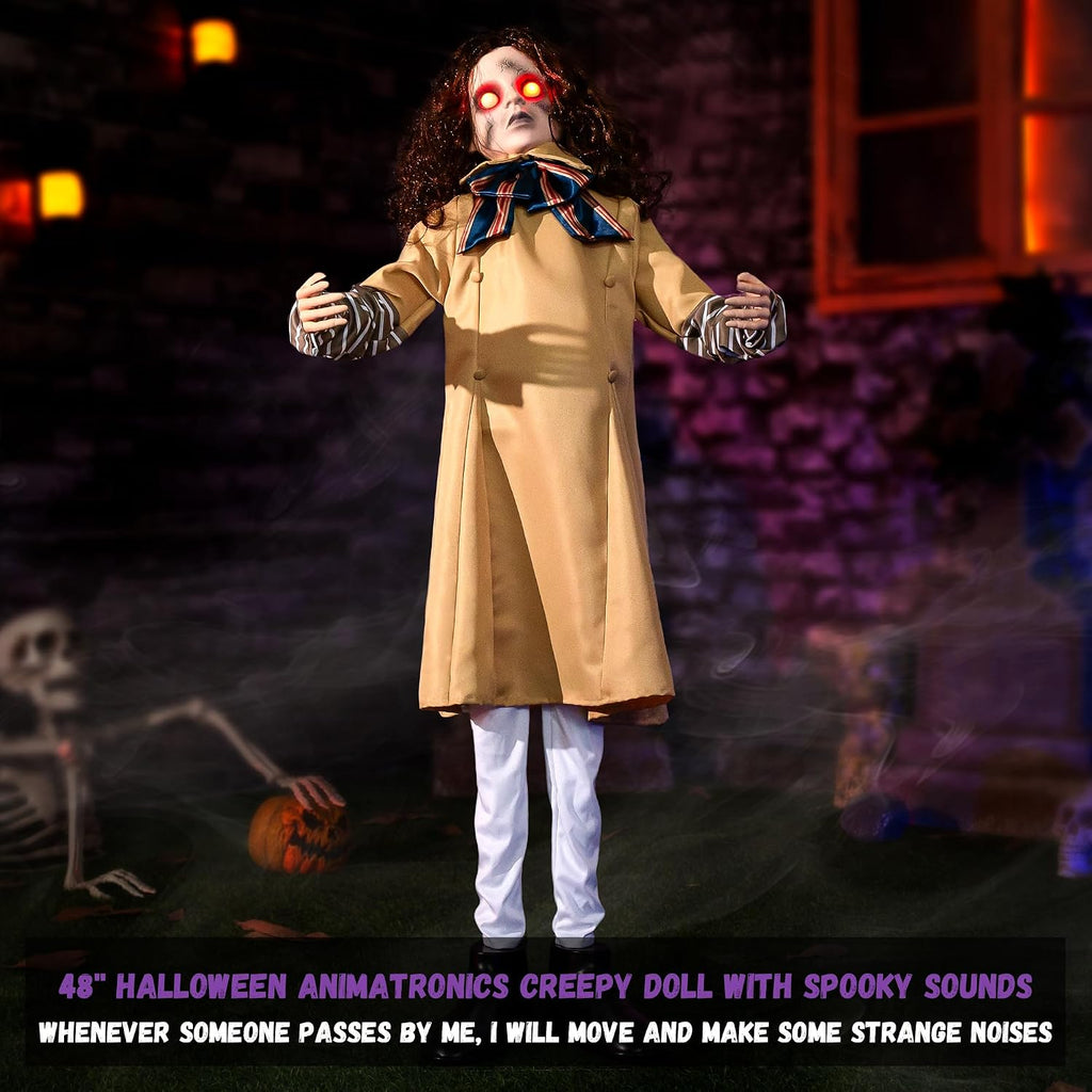 Halloween Animatronics Decorations 48inch Animated Creepy Doll with Sound Activated, Spooky Sound, Lighted LED Eyes