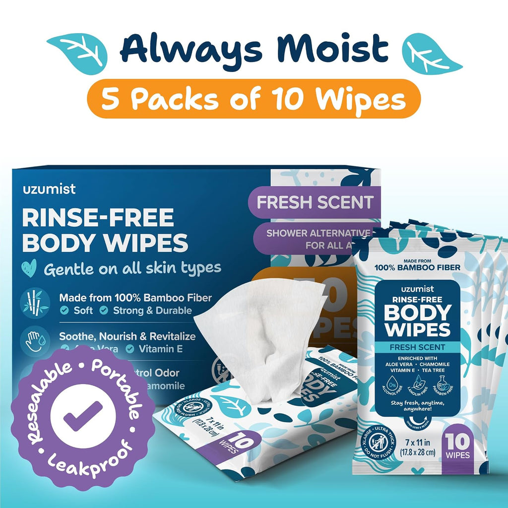 Body Wipes For Adults Bathing No Rinse - 50XL Thick Shower Wipes For Adults No Rinse, 5 Packs of 10 Adult Wipes for