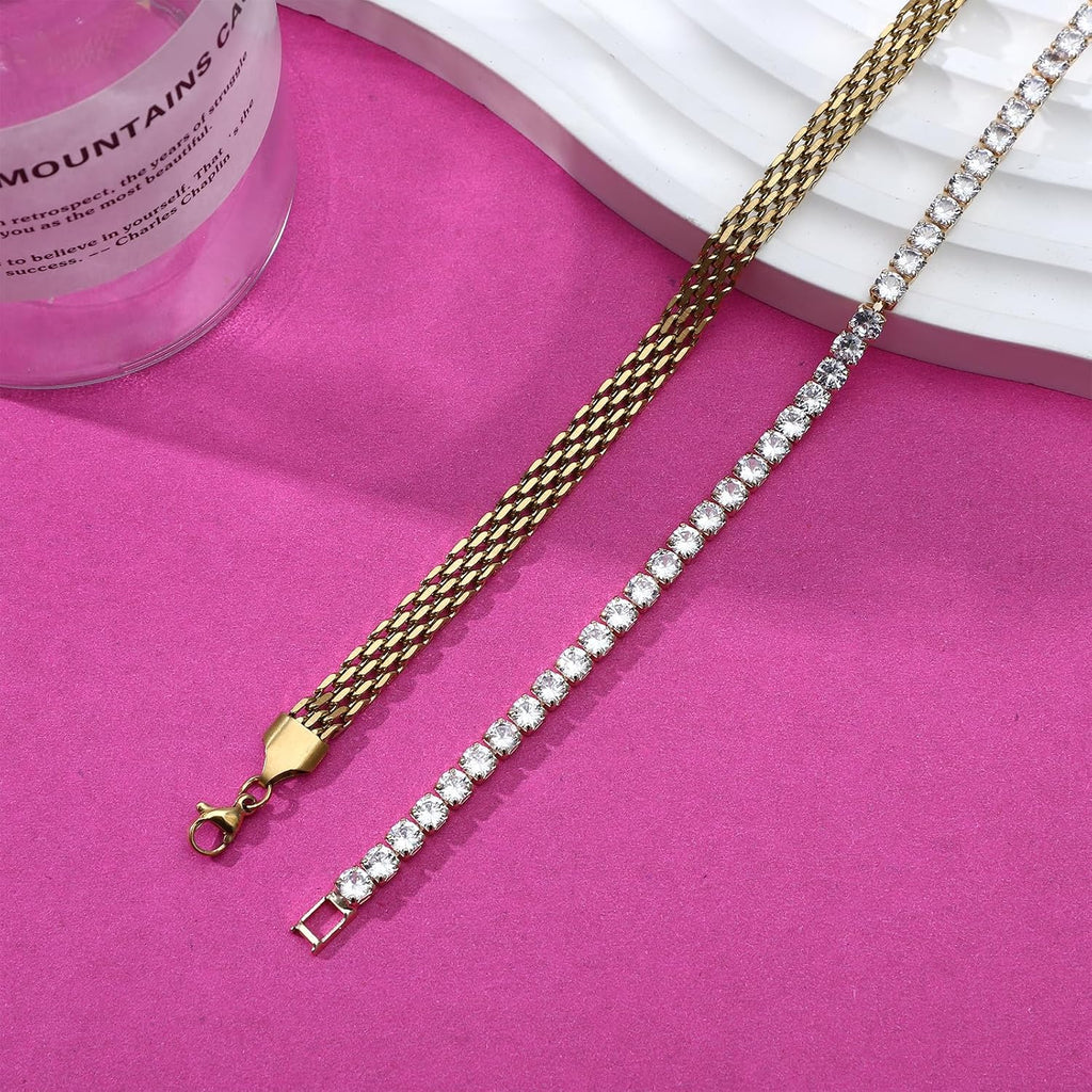 3 Pieces Women Gold Watch Bracelets Set Fashion Costume Jewelry Stainless Steel Gold Plated Square Wristwatch Diamond