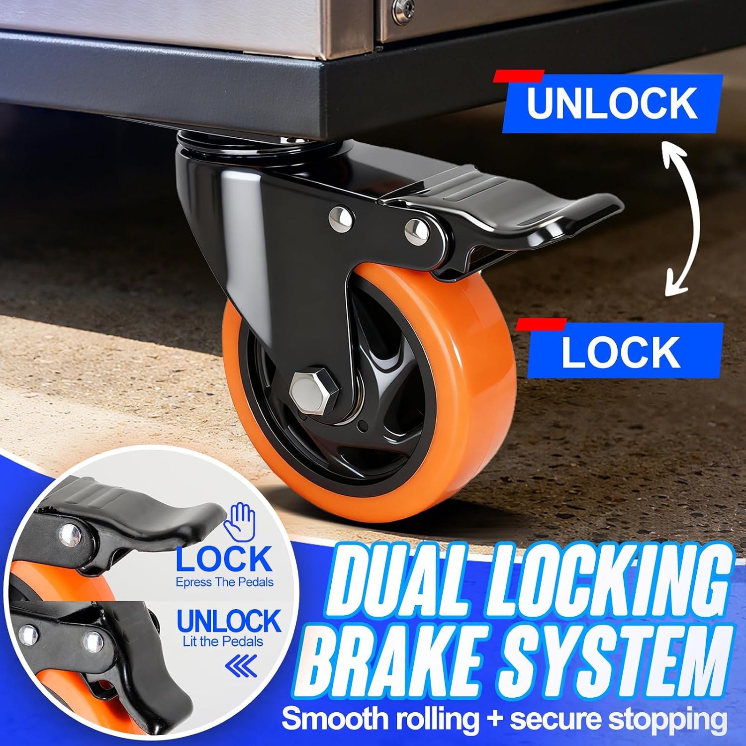 Caster Wheels, 4 Inch Caster Set of 4, Dual Locking PU Casters 2400LB, Swivel Casters for Furniture, Workbench & Tool
