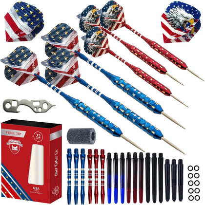 Steel Tip Darts Set - Professional Darts Steel Tip for Dartboard - Includes Brass Barrels + Plastic & Aluminum Shafts