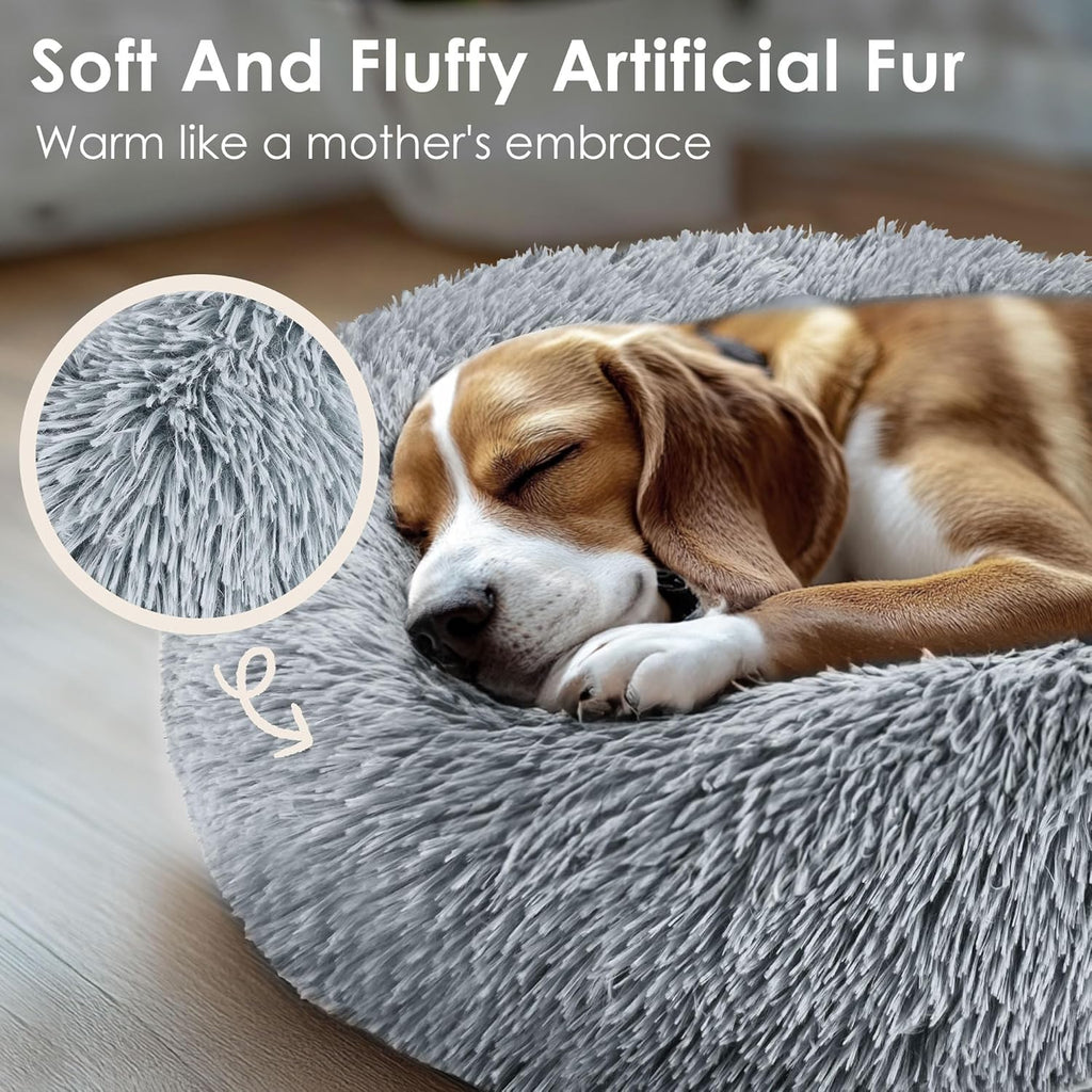 Dog & Cat Bed for Indoor Cats, 20in Calming Donut Bed for Puppy and Kitten, Washable Round Fluffy Pet Bed for Small