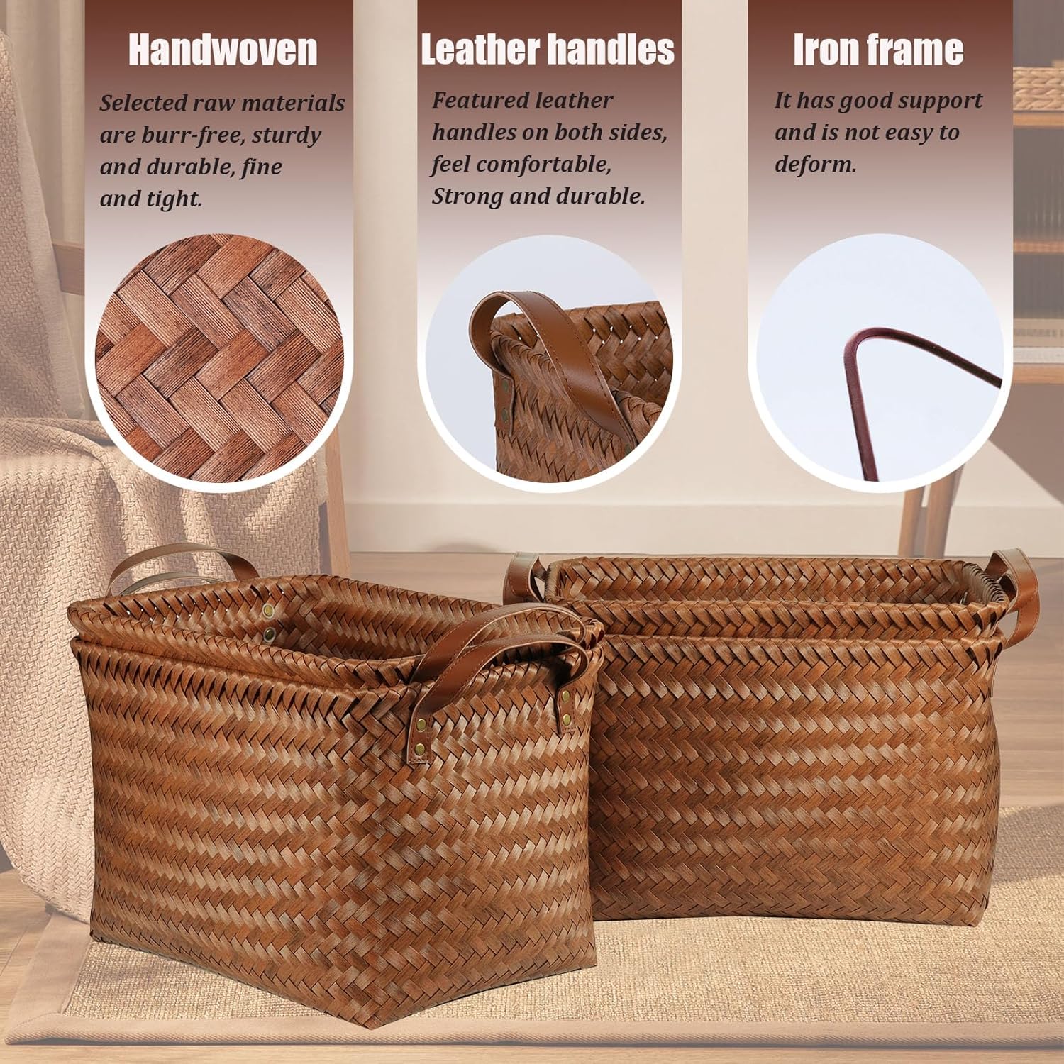 Handwoven Clothes Basket Laundry Hampers Large Wicker Storage Baskets for Shelves Blankets Closet Storage Bins Car
