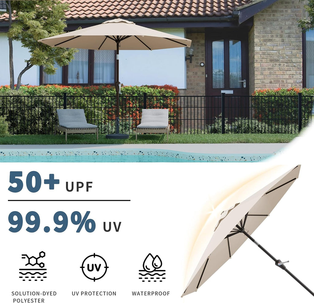 10FT Patio Umbrella, Outdoor Umbrella with Push Button Tilt and Crank, 8 Sturdy Ribs, UV Protection & Waterproof