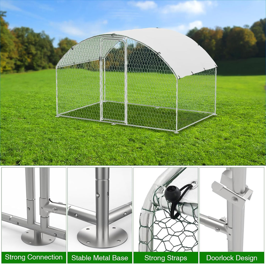 Metal Chicken Run, 9.8 x 6.5 x 6.5 Ft Metal Chicken Coop for Yard with Waterproof and Anti-Ultraviolet Cover, Dome