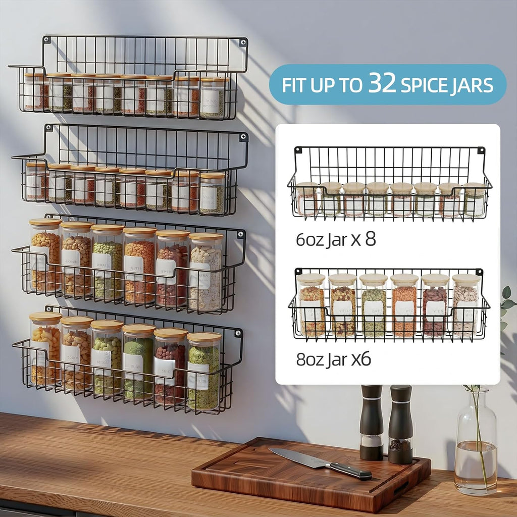 Spice Rack Wall Mount, Spice Organizer for Cabinet & Pantry Door, Set of 4 Hanging Spice Rack Saving Space for