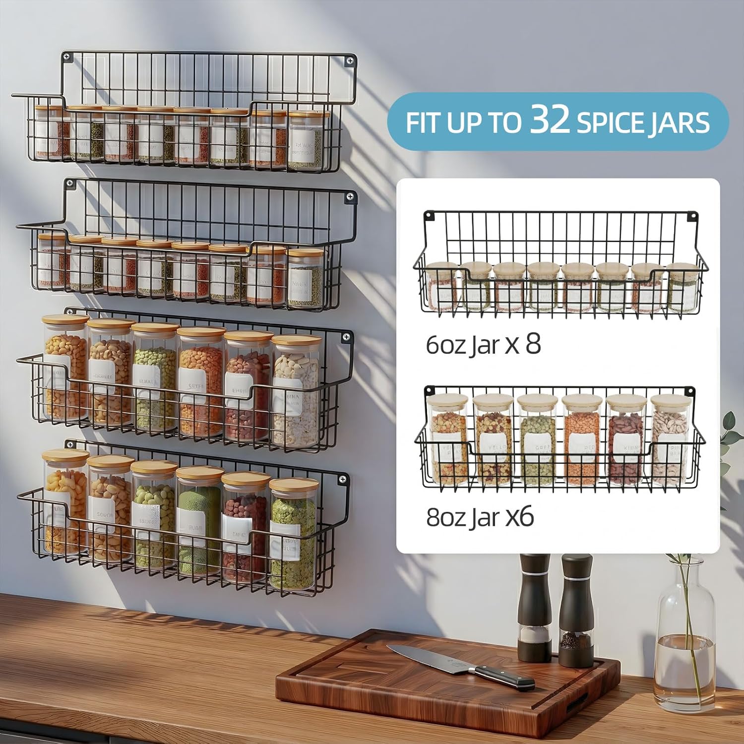 Spice Rack Wall Mount, Spice Organizer for Cabinet & Pantry Door, Set of 4 Hanging Spice Rack Saving Space for