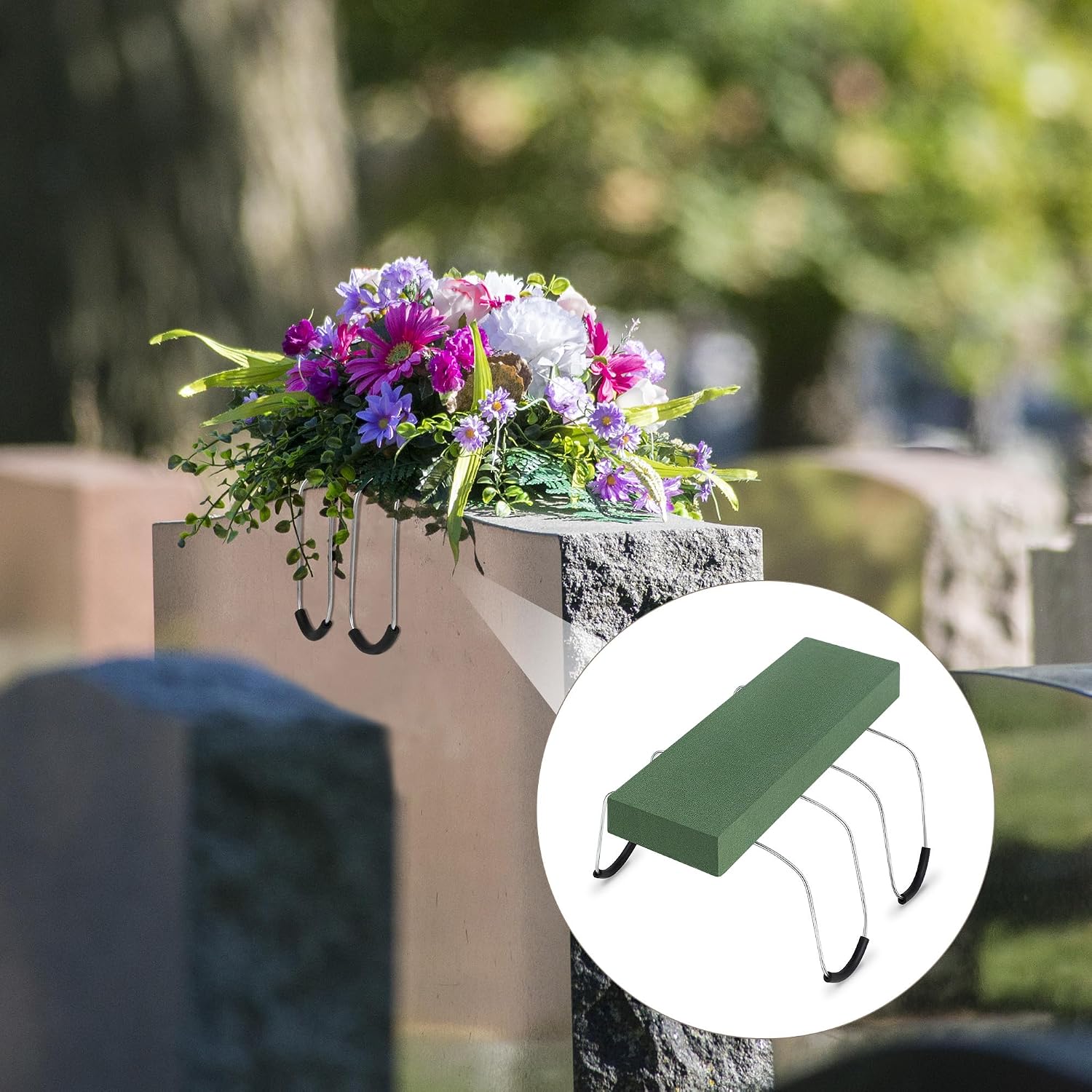 6 Pack Headstone Flower Saddle with Floral Foam 17 x 12 Inch Gravestone Saddle Cemetery Flower Holder Outdoor Wire