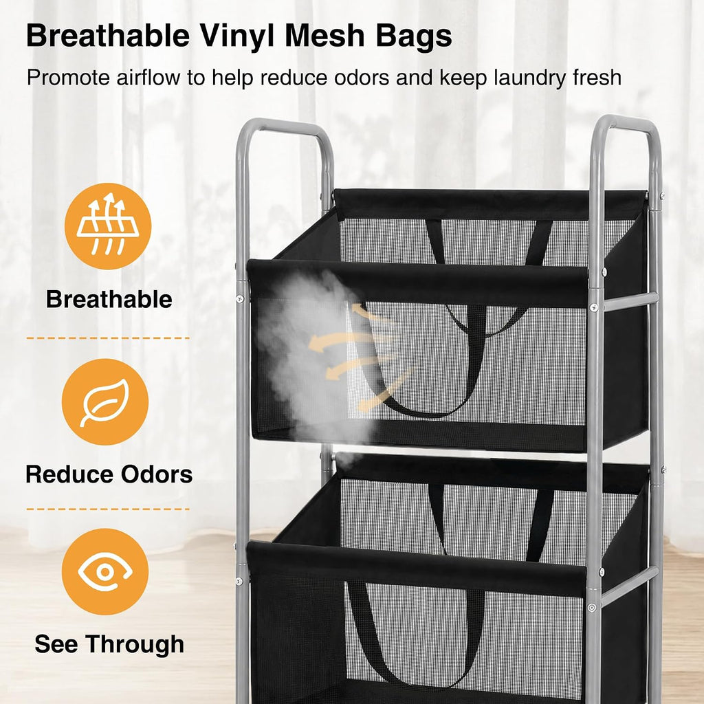 3-Tier Vertical Rolling Laundry Hamper, Removable Bags, Black Mesh | 120L Capacity, Space-Saving Vertical Design