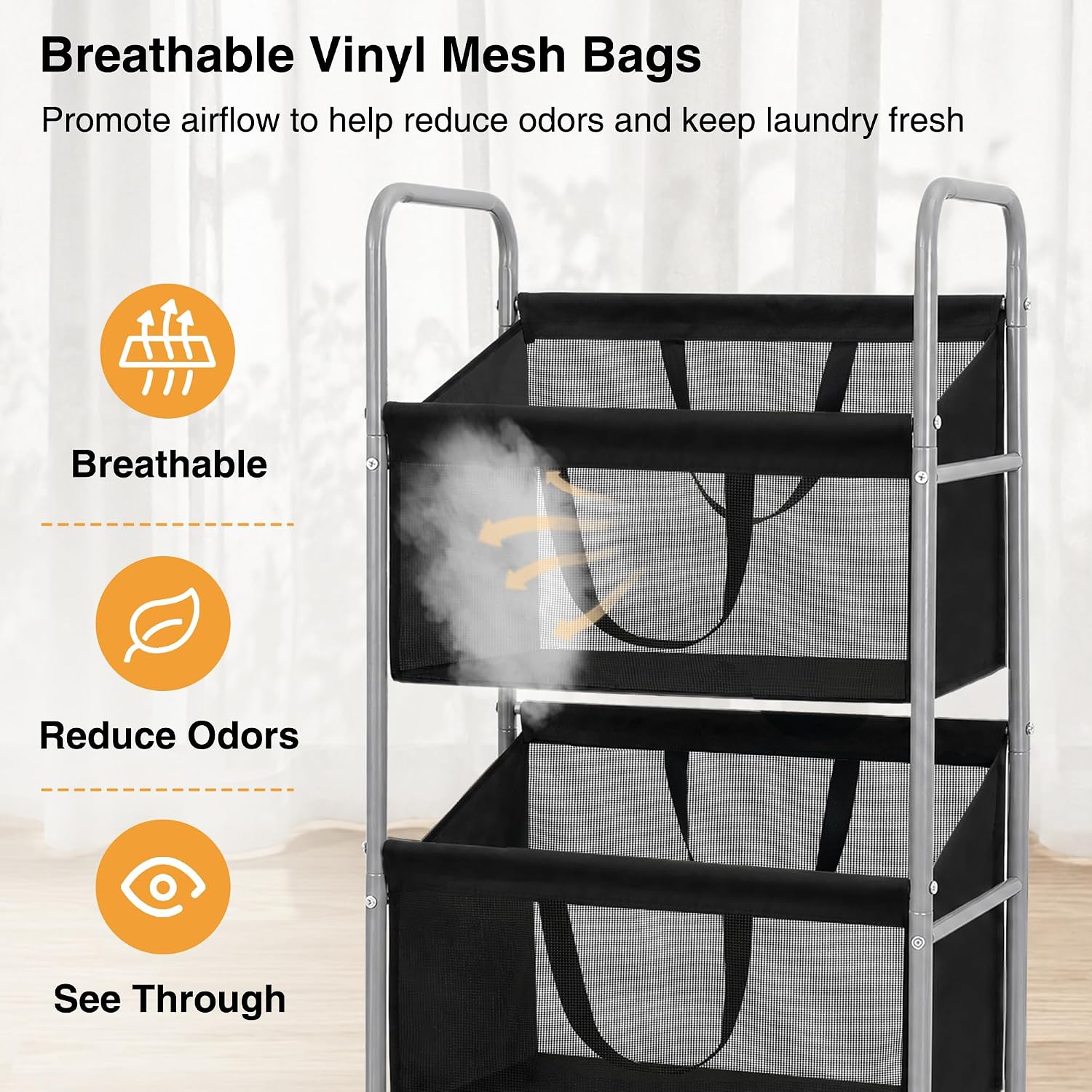 3-Tier Vertical Rolling Laundry Hamper, Removable Bags, Black Mesh | 120L Capacity, Space-Saving Vertical Design