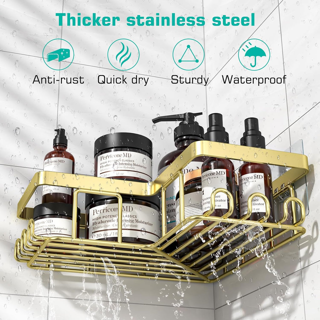 Corner Shower Caddy, 3-Pack Adhesive Bathroom Caddy with Soap Holder and 12 Hooks, Rustproof Stainless Steel Shower