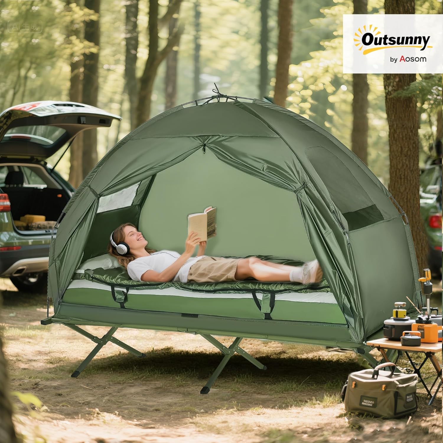 Camping Tent Cot 6-in-1 Folding Tent Cot Combo, with Mattress | Pillow, Sleeping Bag, Bed Cover, Roller Carrying Bag