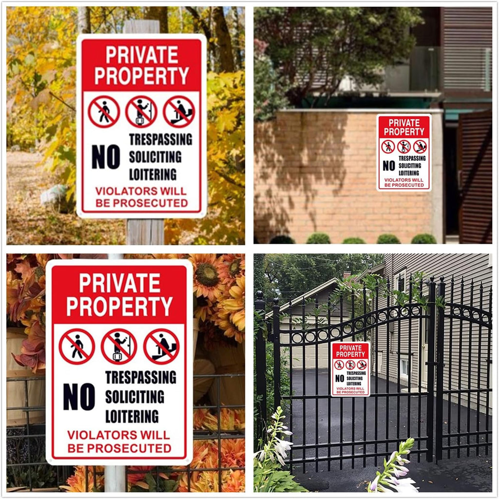 No Trespassing, No Soliciting, No Loitering Sign - 10x14 in Aluminum Warning Sign for Indoor/Outdoor