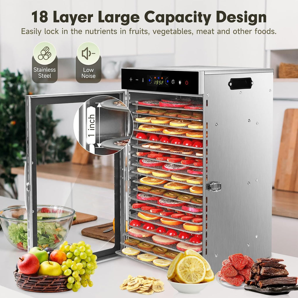 Food Dehydrator Machine 1000W 18 Trays Stainless Steel Commercial Food Dehydrated Dryer with 24H Timer Touch-Control