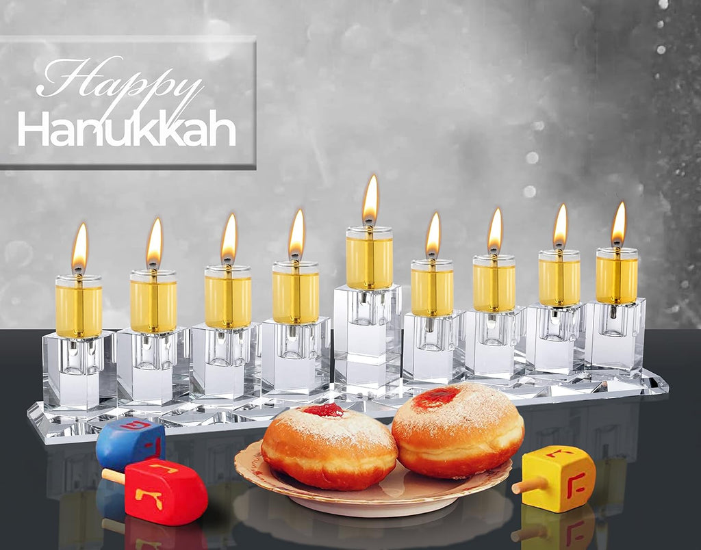 Crystal Glass Hanukkah Menorah, Modern Style Oil and Candle Menorah for Chanukah, Fits Standard Chanukah Oil Cups and