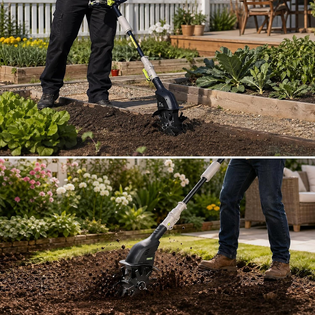 Cordless Tiller Cultivator for Gardening, 20V Electric Garden Tiller with Battery & Charger, Lightweight Battery