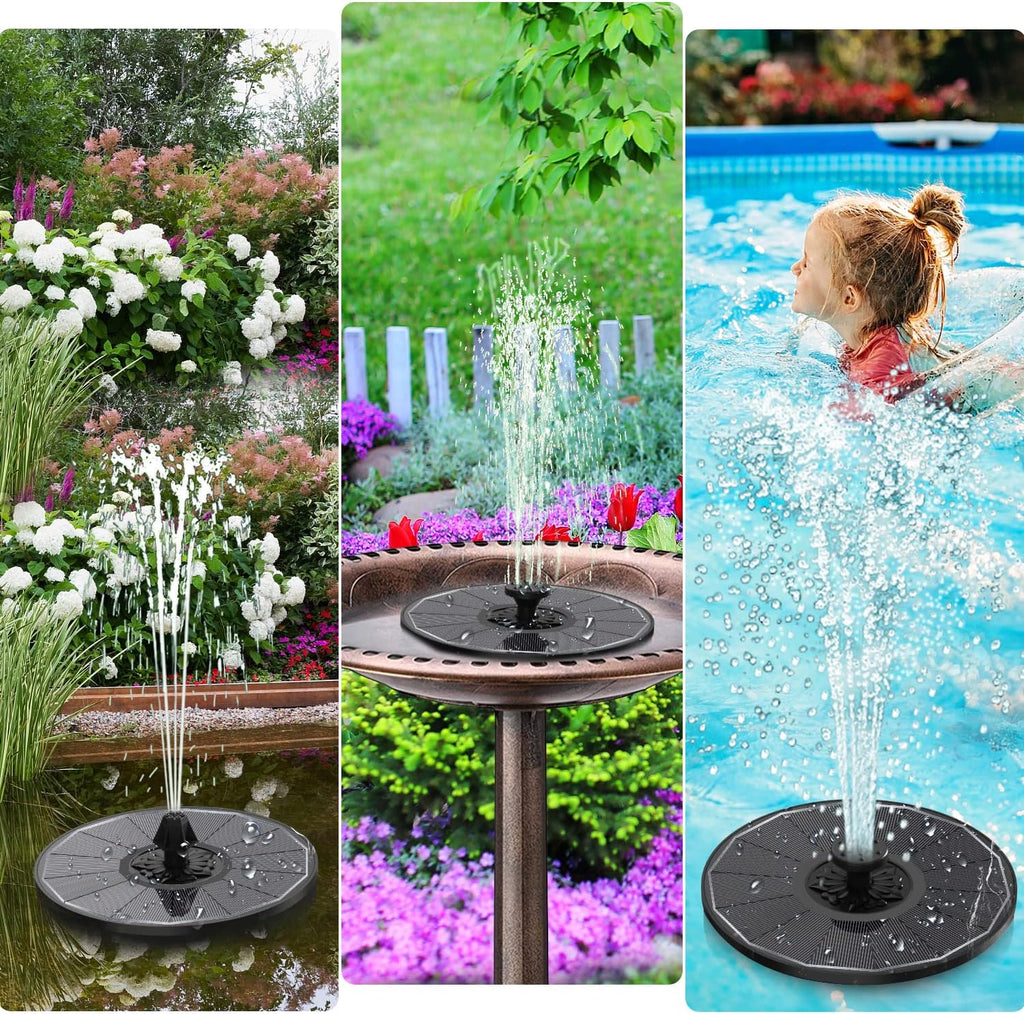 Solar Fountain with 2000 mAh Battery Backup Works in Cloudy, Glass Solar Powered Bird Bath Fountains with 7 Nozzles