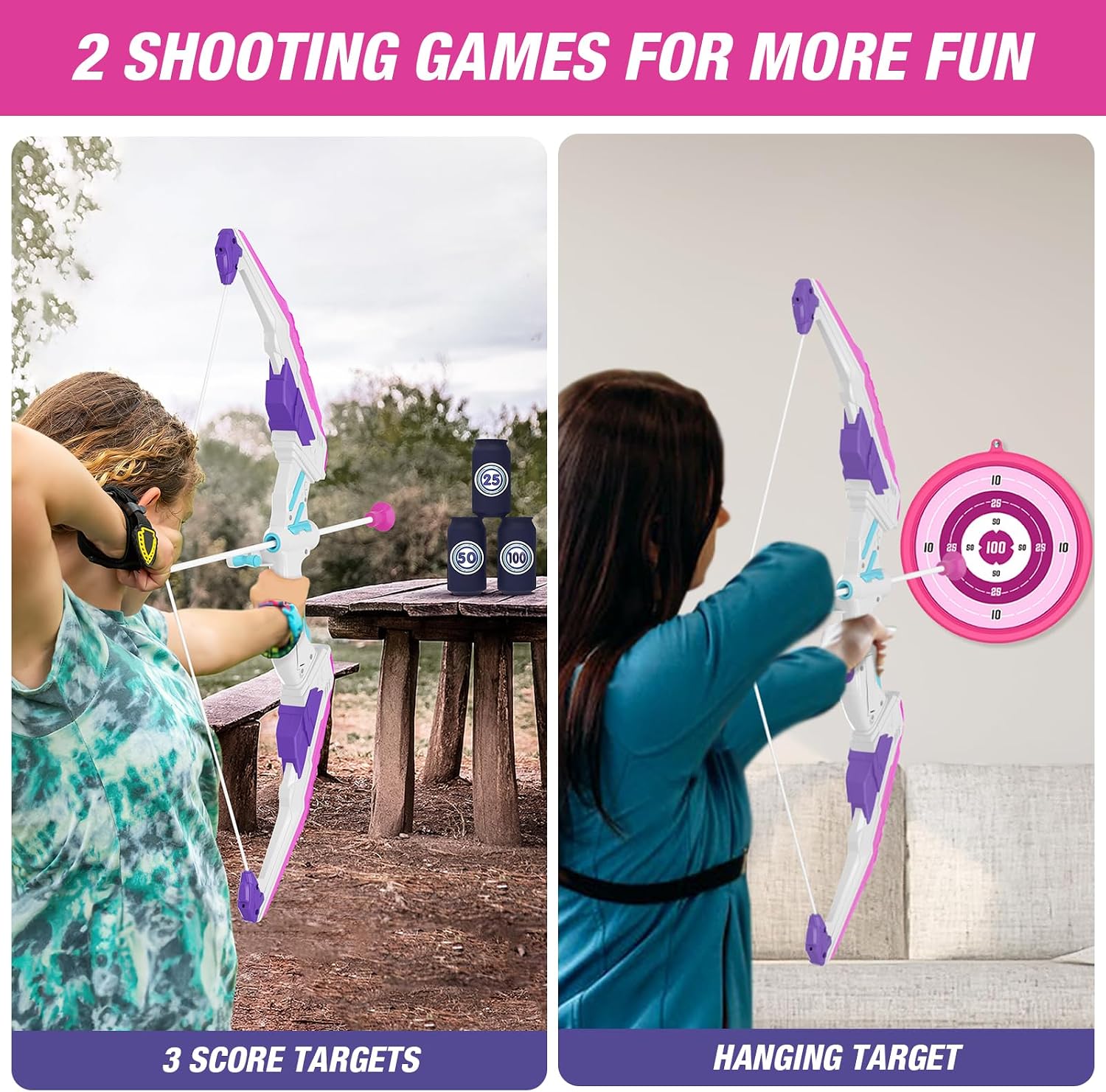 Bow and Arrow for Kids, LED Light Up Girls Archery Set | with 12 Suction Cup Arrows, 1 Hanging Target, 3 Score