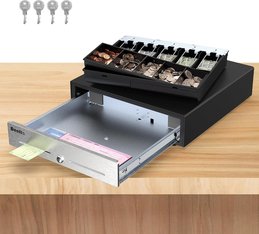 16" Cash Drawer for Small Business - Stainless Steel Front Panel, Removable Cash Tray, Electronic Cash Box