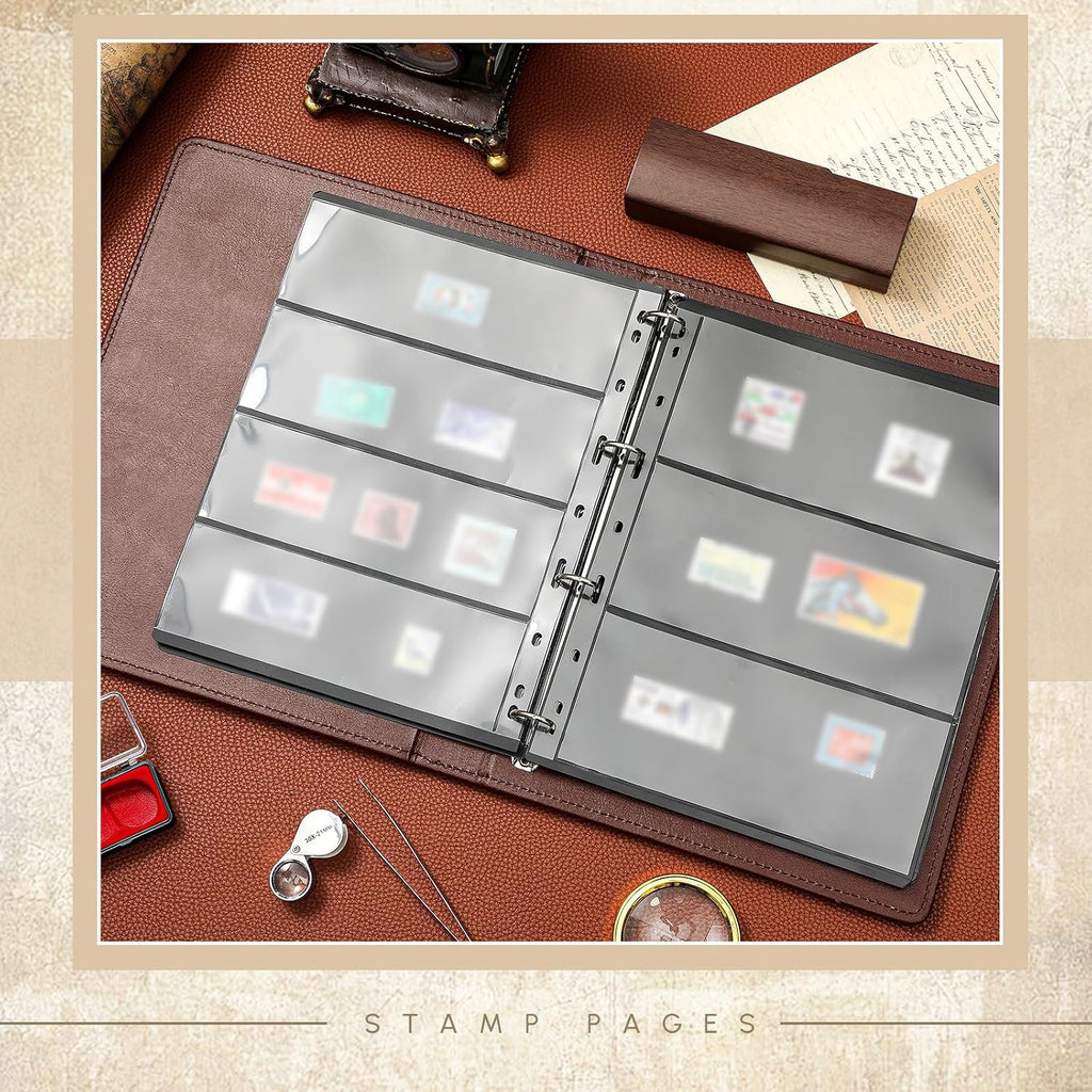 Stamp Collecting Album Binder Kit for Collectors, 1/2/3/4 Rows Banknotes Storage Book with 20 Stamp Pages, 4 Ring