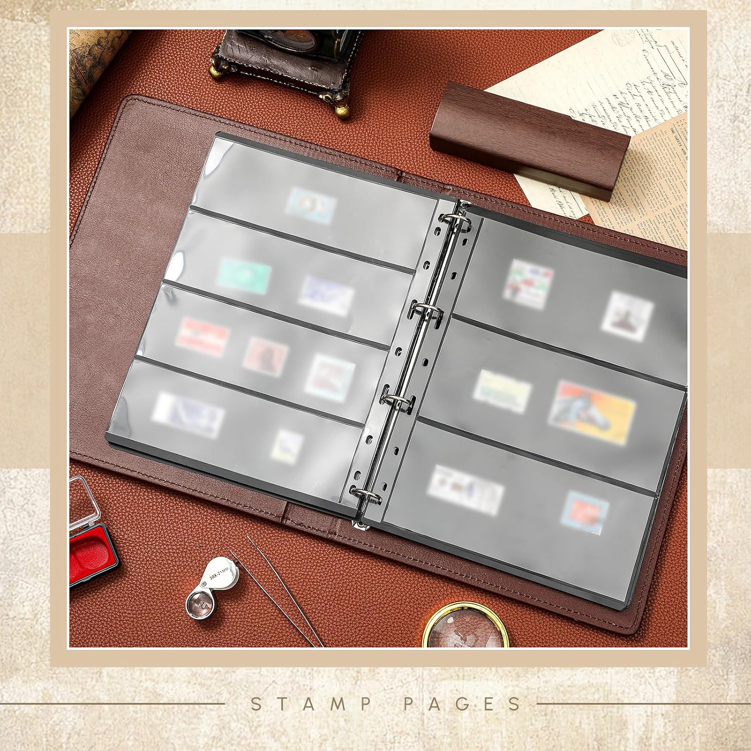 Stamp Collecting Album Binder Kit for Collectors, 1/2/3/4 Rows Banknotes Storage Book with 20 Stamp Pages, 4 Ring