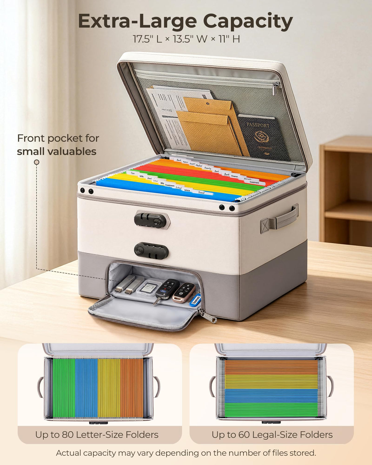 Fireproof Document Box with 2 Locks, 10 Hanging File Folders