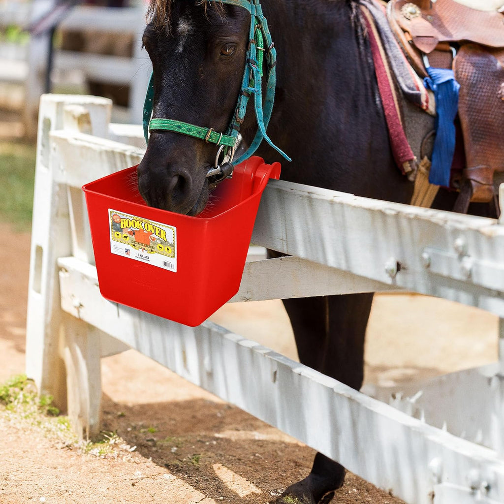 Plastic Hook Over Feeder | Mountable Livestock & Pet Feed Bucket | Horse Feed Bucket | Made in USA | 15 Quarts | Red