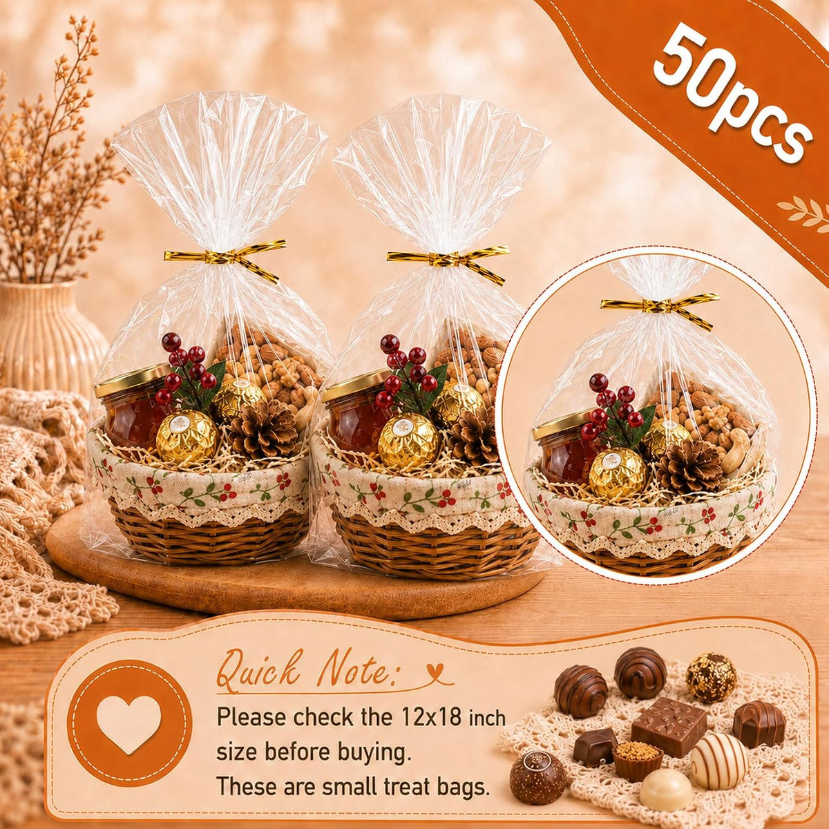 Clear Cellophane Gift Bags with Twist Ties, 12x18 Inches, 50 Pack