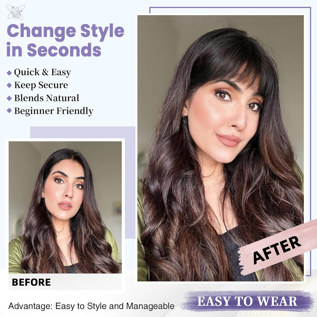 Clip in Bangs Real Human Hair Wispy Bangs Hair Clip, Brown Black | Soft Layered Fake Bangs, Fringe with Temples