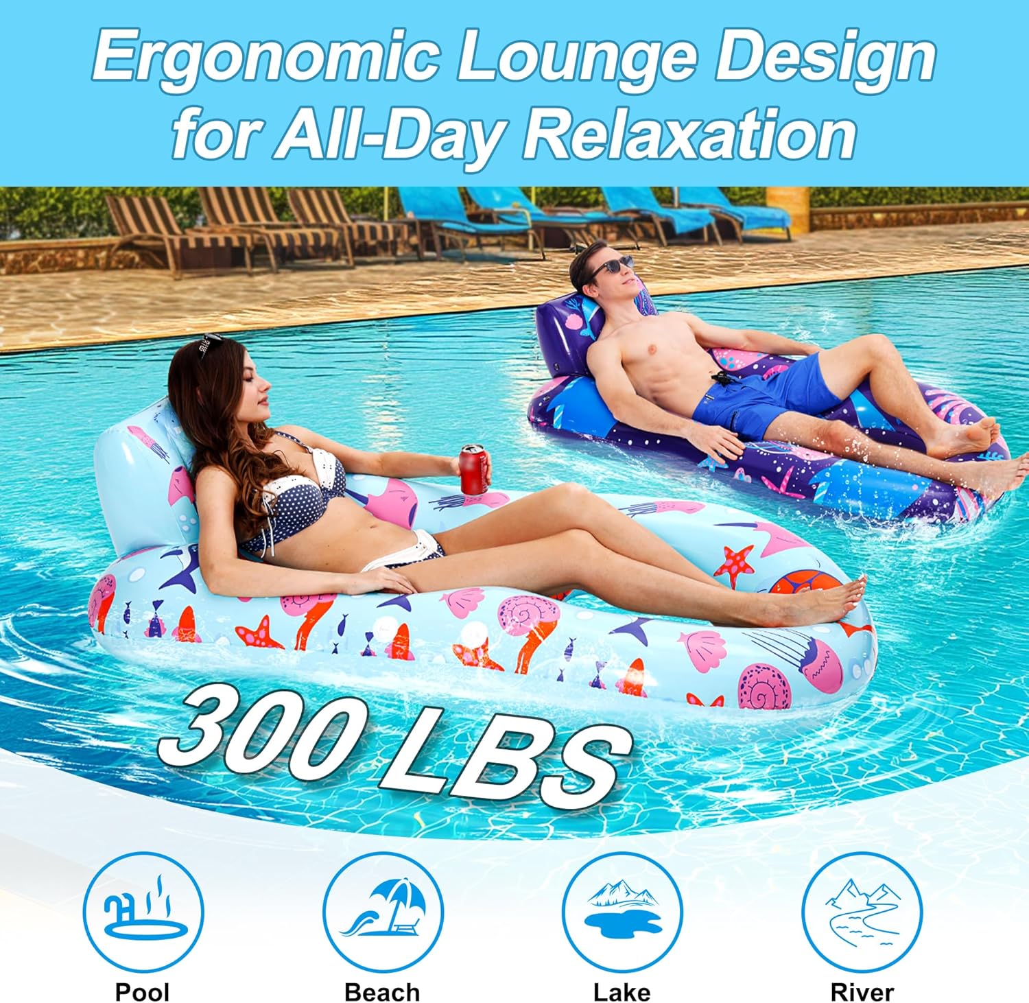 2 Pack Pool Floats Adult, Inflatable Pool Lounger Float Heavy Duty with Cup Holder, Backrest & Footrest Pool Lounge