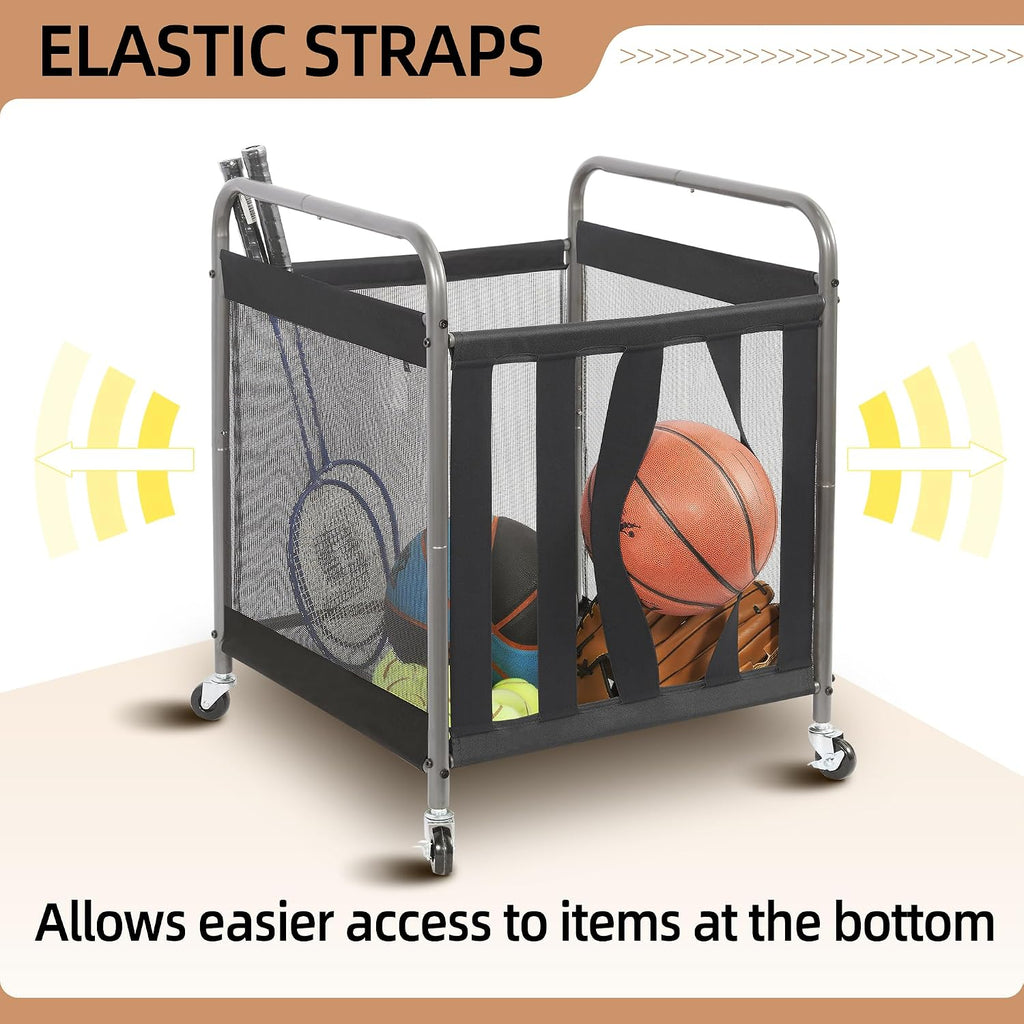 Ball Storage Bin Rolling Sports Ball Cart, Metal Garage Organizer Sport Rack Basketball Storage Cage for Garage or