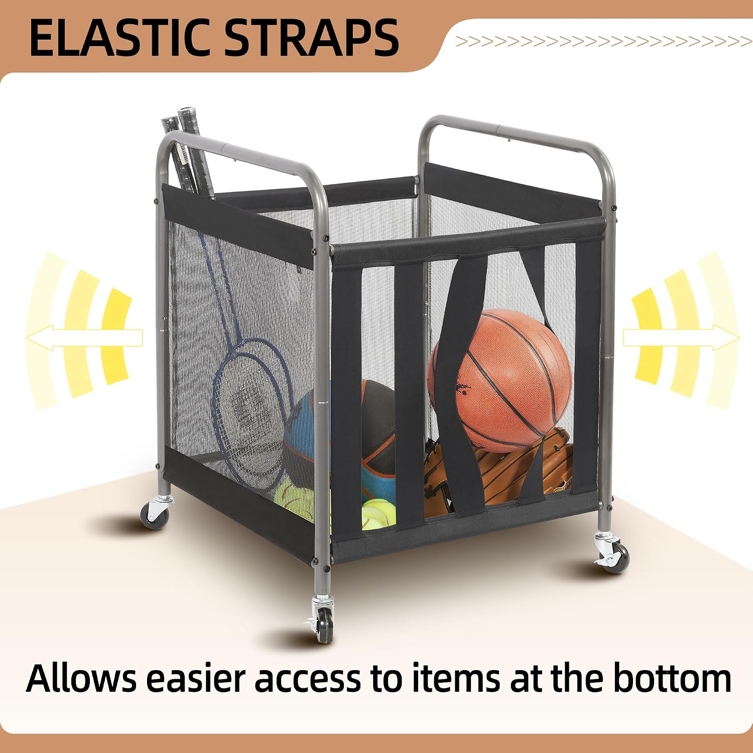 Ball Storage Bin Rolling Sports Ball Cart, Metal Garage Organizer Sport Rack Basketball Storage Cage for Garage or